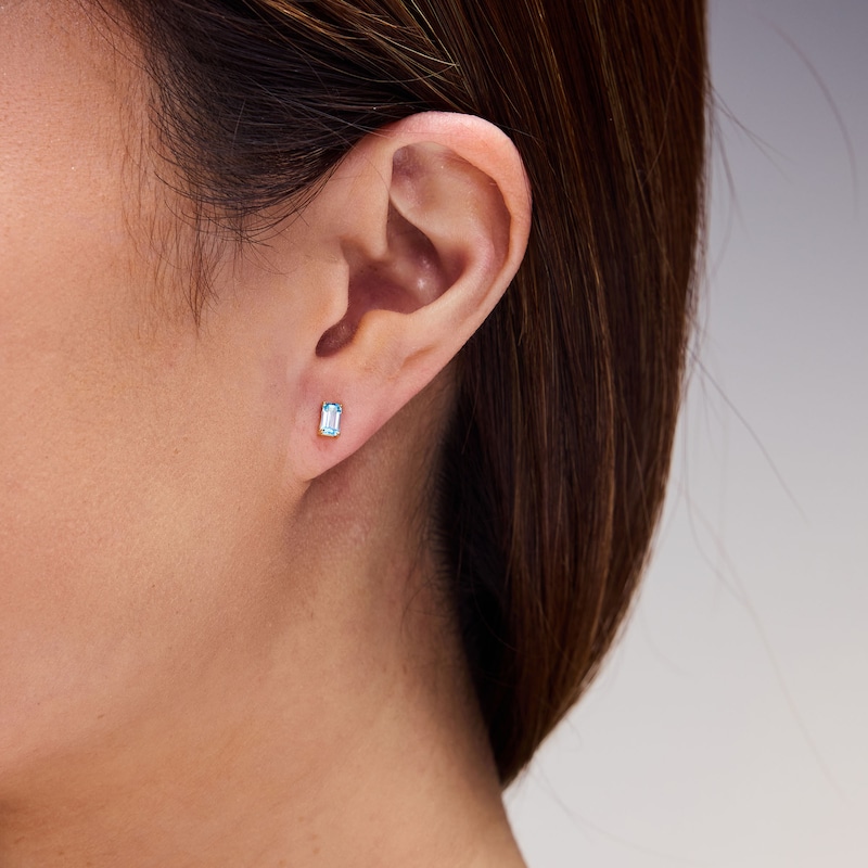 Main Image 2 of Emerald-Cut Swiss Blue Topaz Solitaire Stud Earrings in 10K Gold
