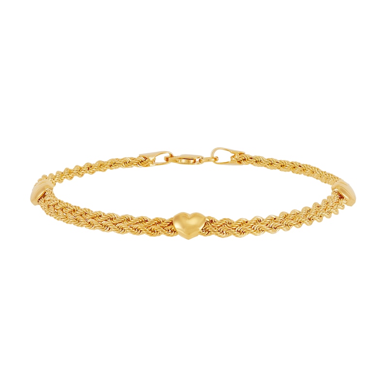 2.1mm Twist Rope Chain Hearts Bracelet in Hollow 10K Gold - 7.25"
