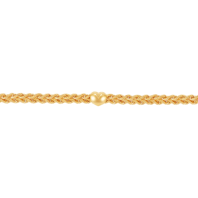 2.1mm Twist Rope Chain Hearts Bracelet in Hollow 10K Gold - 7.25"