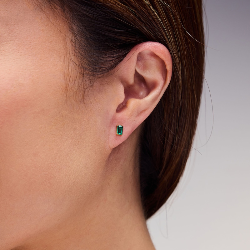 Emerald-Cut Lab-Created Emerald Solitaire Stud Earrings in 10K Gold