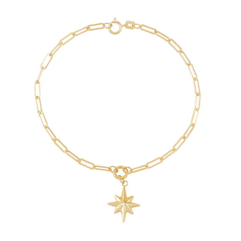 Compass Rose Charm Paper Cip Chain Bracelet in Hollow 10K Gold - 7.5"