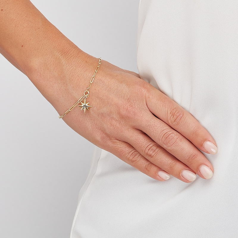 Compass Rose Charm Paper Cip Chain Bracelet in Hollow 10K Gold - 7.5"