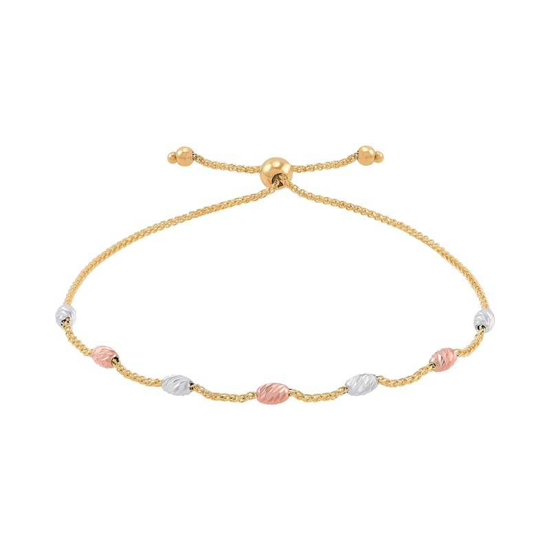 Diamond-Cut Oval Station Bolo Bracelet in 14K Tri-Tone Gold - 8.75"