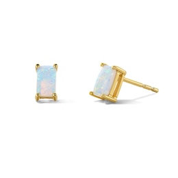 Emerald-Shaped Lab-Created Opal Solitaire Stud Earrings in 10K Gold