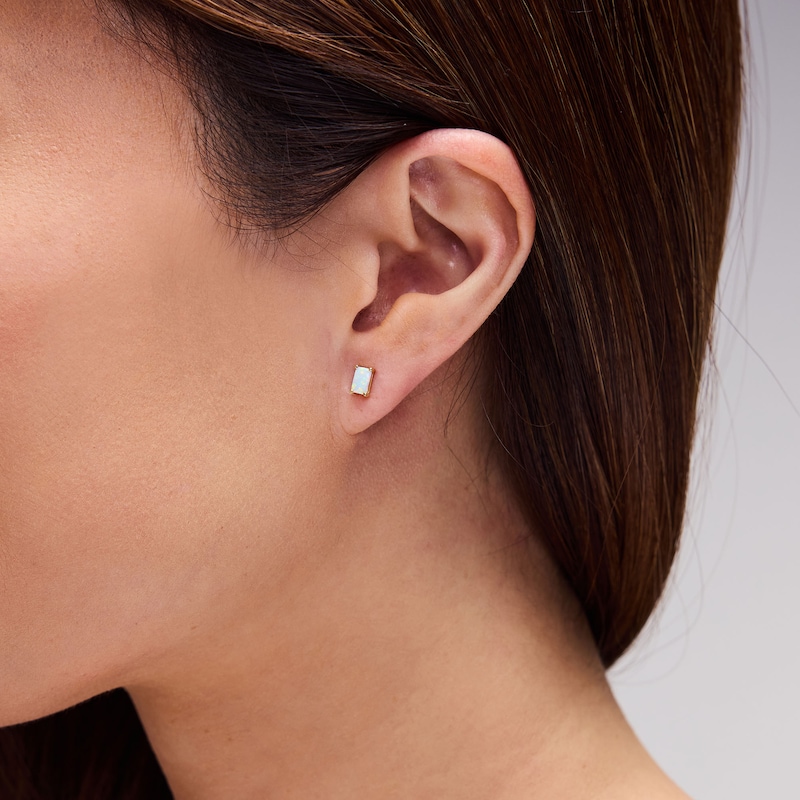 Main Image 2 of Emerald-Shaped Lab-Created Opal Solitaire Stud Earrings in 10K Gold
