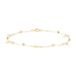 Butterfly and Diamond-Cut Bead Station Bracelet in Solid 14K Gold – 7.25"