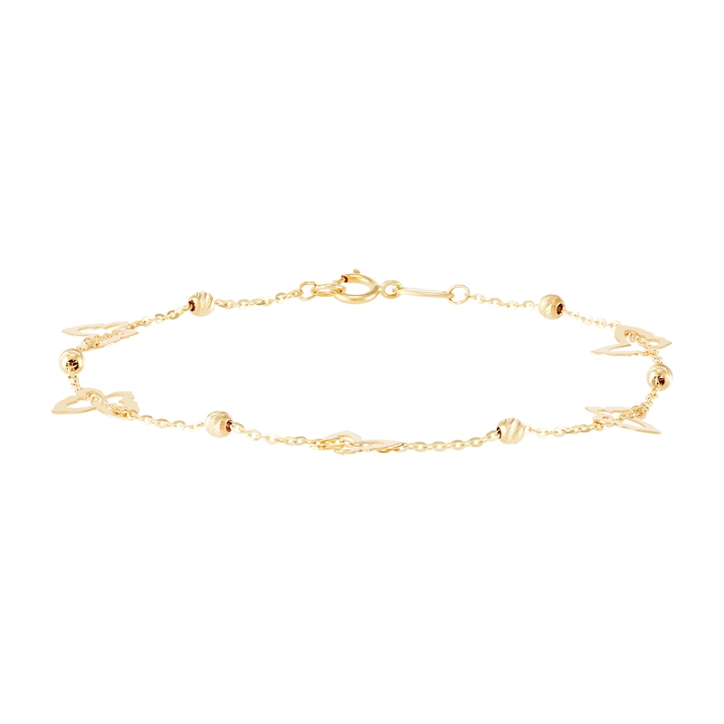 Butterfly and Diamond-Cut Bead Station Bracelet in Solid 14K Gold – 7.25"