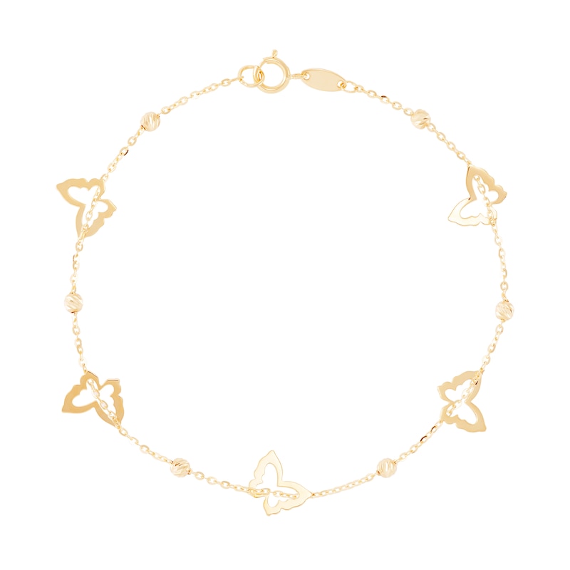 Butterfly and Diamond-Cut Bead Station Bracelet in Solid 14K Gold – 7.25"