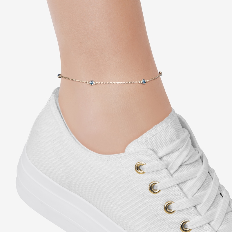 Evil Eye Station Anklet in Solid 14K Gold - 10"