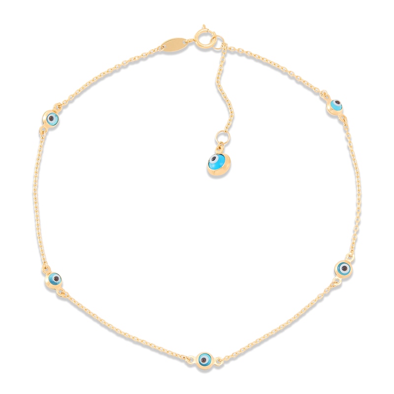 Evil Eye Station Anklet in Solid 14K Gold - 10"