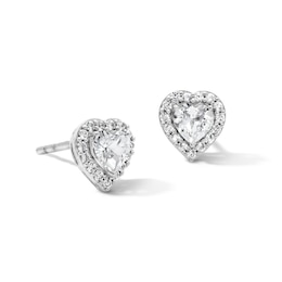 White Lab-Created Sapphire Heart Frame Stud Earrings in Sterling Silver