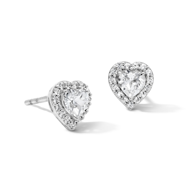White Lab-Created Sapphire Heart Frame Stud Earrings in Sterling Silver