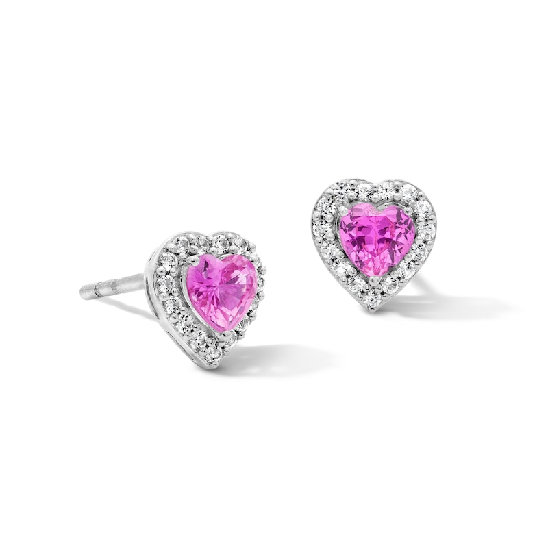 Pink and White Lab-Created Sapphire Heart Frame Stud Earrings in Sterling Silver