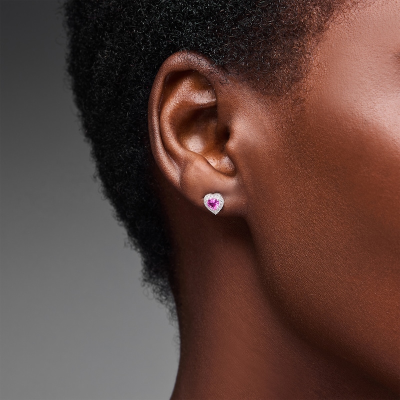 Pink and White Lab-Created Sapphire Heart Frame Stud Earrings in Sterling Silver