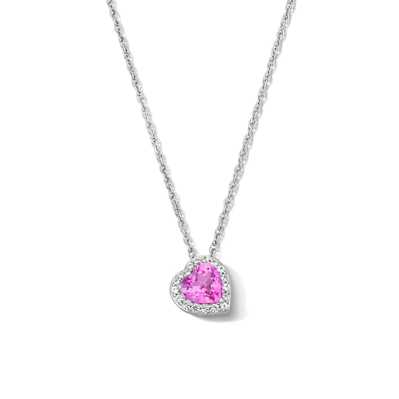 Main Image 1 of Pink and White Lab-Created Sapphire Tilted Heart Frame Pendant in Sterling Silver