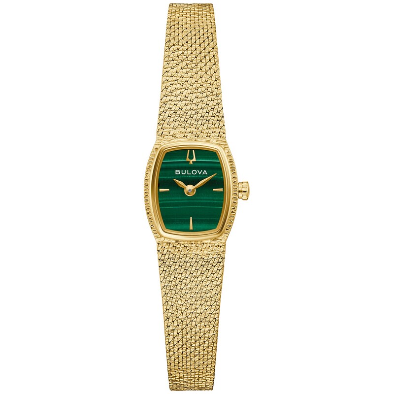 Ladies' Bulova Classic Goddess of Time Gold-Tone IP Analog Watch with Green Malachite Dial (Model: 97L184)