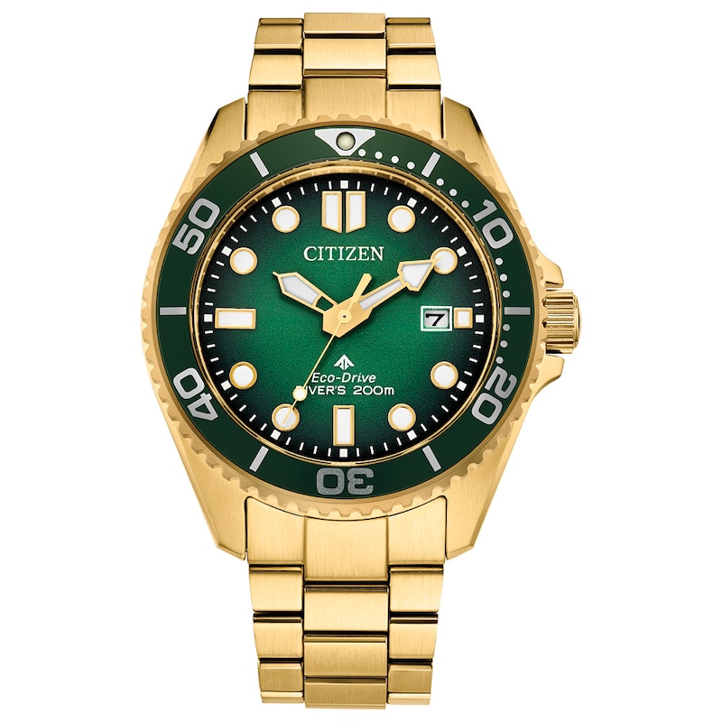 Men's Citizen Eco-Drive® Promaster Dive Gold-Tone IP Analog Watch with Green Dial (Model: BN0262-59W)