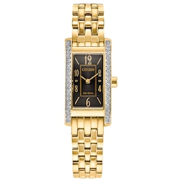 Ladies’ Citizen Eco-Drive® Palidoro Gold-Tone IP Analog Watch with Black Dial and Crystal Bezel (Model: EG7112-59E)