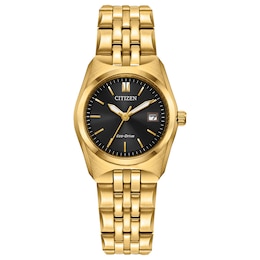 Ladies’ Citizen Eco-Drive® Corso Gold-Tone IP Analog Watch with Black Dial (Model: EW2293-56E)
