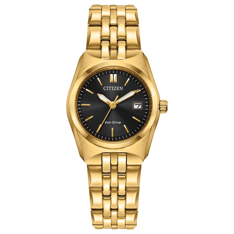 Ladies' Citizen Eco-Drive® Corso Gold-Tone IP Analog Watch with Black Dial (Model: EW2293-56E)