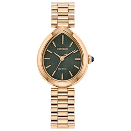 Ladies’ Citizen Eco-Drive® Rainell Rose Gold-Tone IP Analog Watch with Green Dial (Model: EM1203-57X)