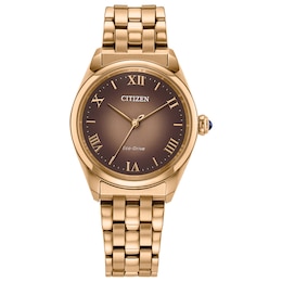 Ladies' Citizen Eco-Drive Watch with Brown Dial and Rose Stainless Steel with Rose Ion-Plated Bracelet (Model: EM1143-81Z)