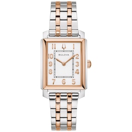 Ladies’ Bulova Two-Tone IP Stainless Steel Analog Watch with White Dial (Model: 98L328)