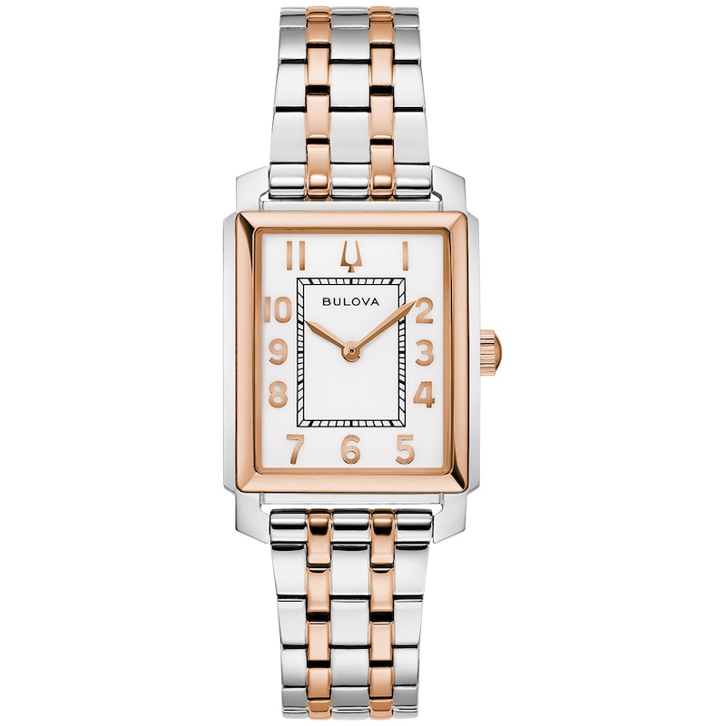 Ladies' Bulova Two-Tone IP Stainless Steel Analog Watch with White Dial (Model: 98L328)