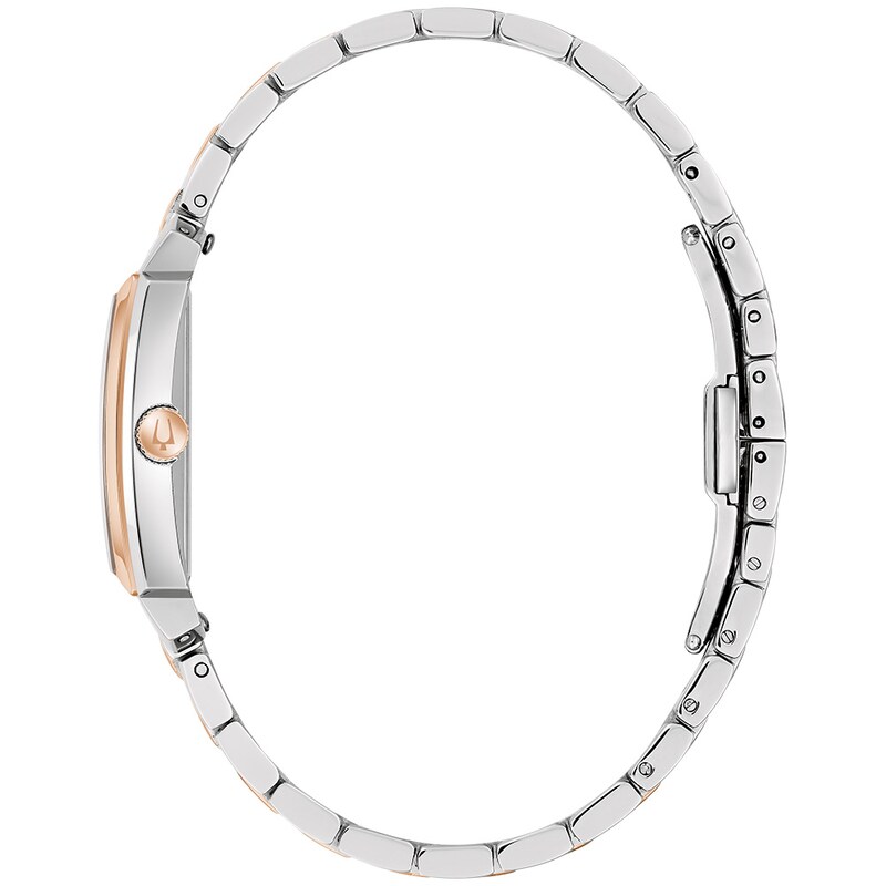 Ladies' Bulova Two-Tone IP Stainless Steel Analog Watch with White Dial (Model: 98L328)
