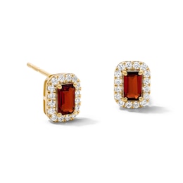 Emerald-Cut Garnet and 0.20 CT. T.W. Lab-Grown Diamond Frame Stud Earrings in 10K Gold (F/SI2)