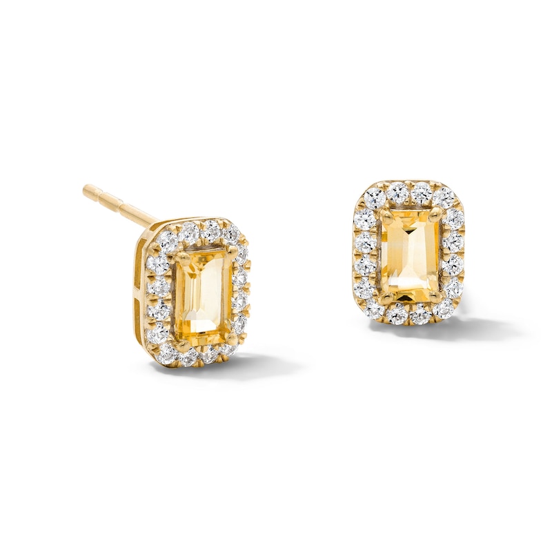 Main Image 1 of Emerald-Cut Citrine and 0.20 CT. T.W. Lab-Grown Diamond Frame Stud Earrings in 10K Gold (F/SI2)