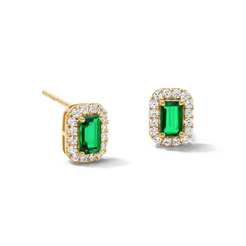 Emerald-Cut Lab-Created Emerald and 0.20 CT. T.W. Lab-Grown Diamond Frame Stud Earrings in 10K Gold (F/SI2)