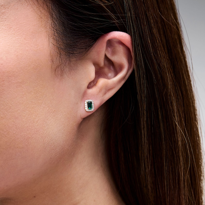 Emerald-Cut Lab-Created Emerald and 0.20 CT. T.W. Lab-Grown Diamond Frame Stud Earrings in 10K Gold (F/SI2)
