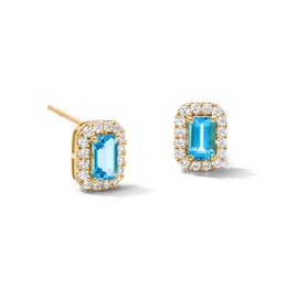 Emerald-Cut Swiss Blue Topaz and 0.20 CT. T.W. Lab-Grown Diamond Frame Stud Earrings in 10K Gold (F/SI2)