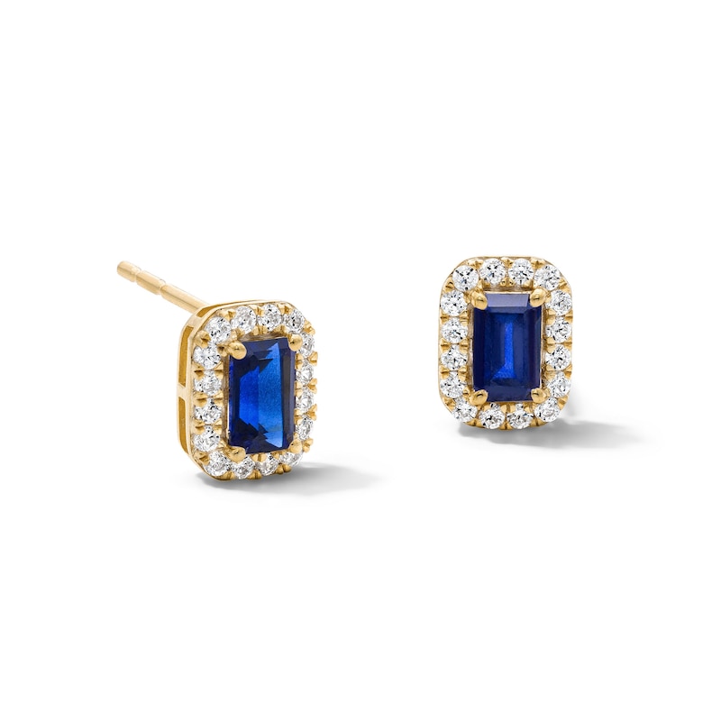 Emerald-Cut Lab-Created Sapphire and 0.20 CT. T.W. Lab-Grown Diamond Frame Stud Earrings in 10K Gold (F/SI2