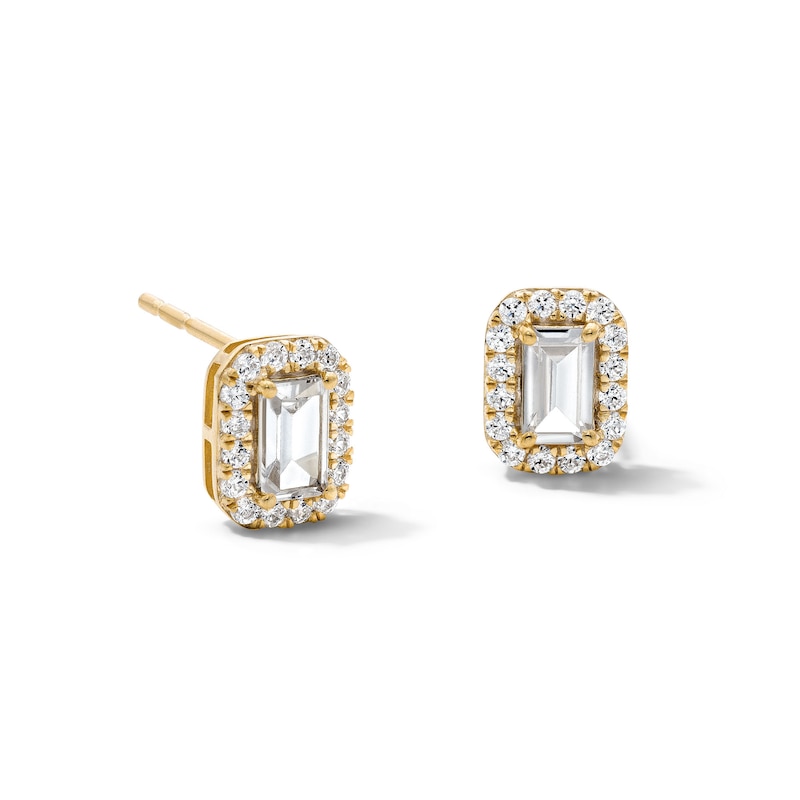 Main Image 1 of Emerald-Cut White Lab-Created Sapphire and 0.20 CT. T.W. Lab-Grown Diamond Frame Stud Earrings in 10K Gold (F/SI2)