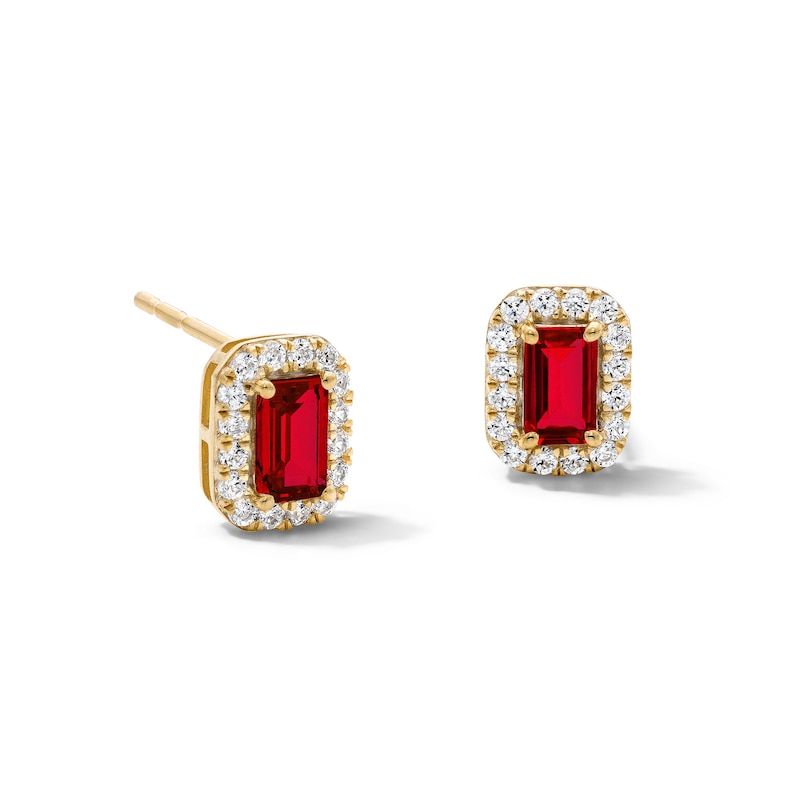 Emerald-Cut Lab-Created Ruby and 0.20 CT. T.W. Lab-Grown Diamond Frame Stud Earrings in 10K Gold (F/SI2)