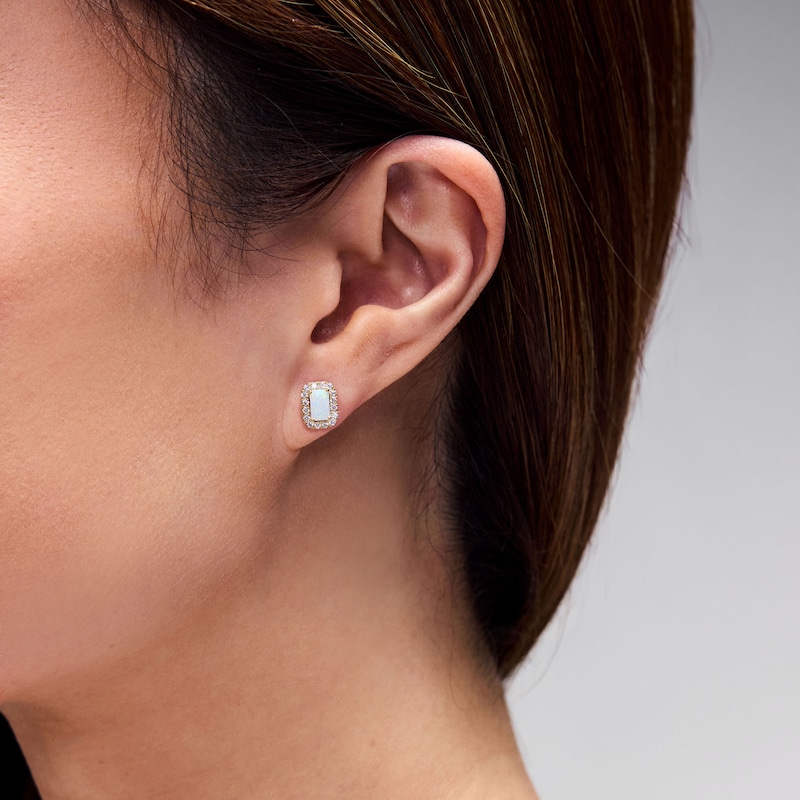Emerald-Shaped Lab-Created Opal and 0.20 CT. T.W. Lab-Grown Diamond Frame Stud Earrings in 10K Gold (F/SI2)