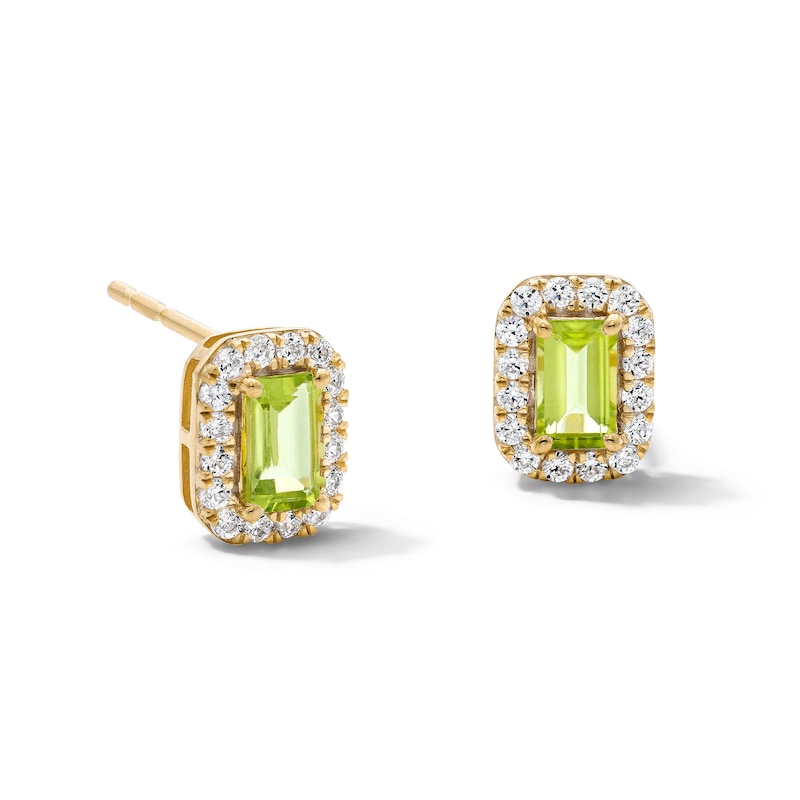 Emerald-Cut Peridot and 0.20 CT. T.W. Lab-Grown Diamond Frame Stud Earrings in 10K Gold (F/SI2)
