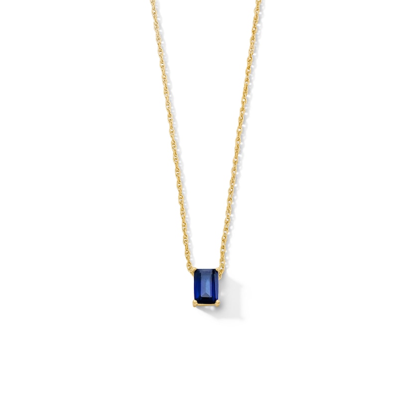 Main Image 1 of Emerald-Cut Blue Lab-Created Sapphire Solitaire Necklace in 10K Gold
