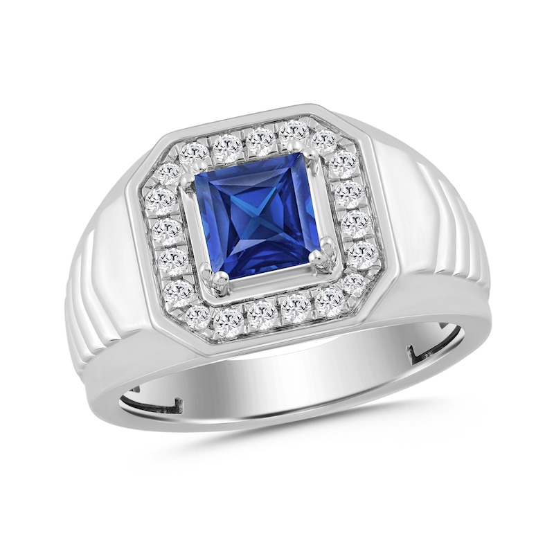 Square-Cut Blue Lab-Created Sapphire and 0.40 CT. T.W. Certified Lab-Grown Diamond Ring 10K White Gold (F/SI2)