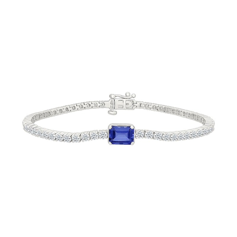 Emerald-Cut Blue Lab-Created Sapphire and White Lab-Created Sapphire Bracelet in Sterling Silver - 7"