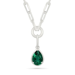 Pear-Shaped Lab-Created Emerald Drop Paper Clip Chain Necklace in Sterling Silver - 18"