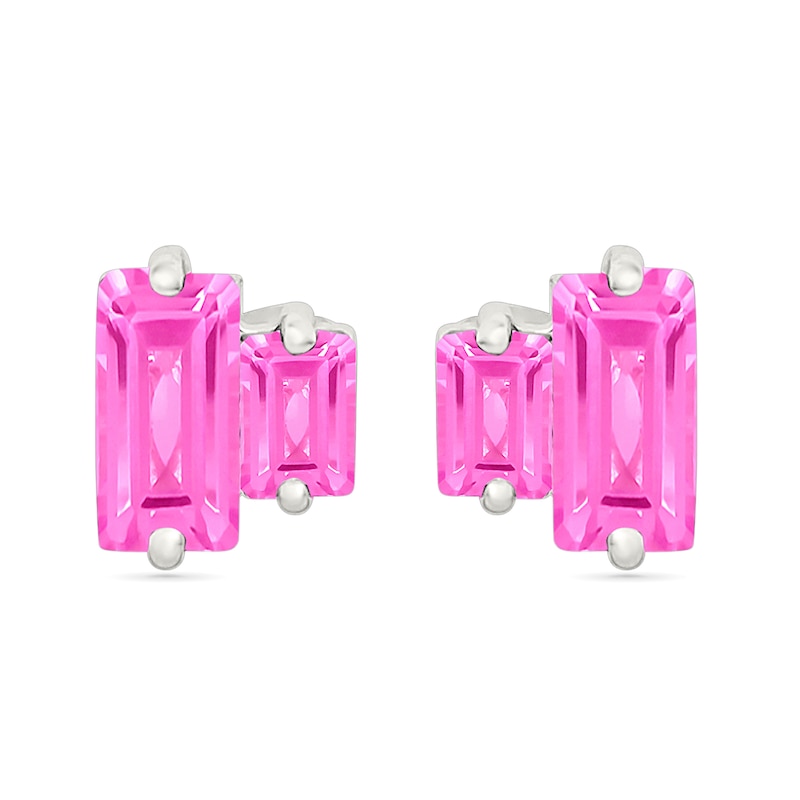 Baguette-Cut Pink Lab-Created Sapphire Toi et Moi Stud Earrings in Sterling Silver