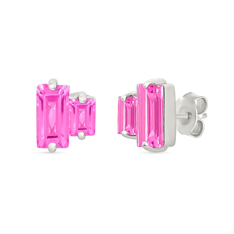 Baguette-Cut Pink Lab-Created Sapphire Toi et Moi Stud Earrings in Sterling Silver