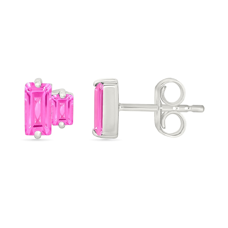 Baguette-Cut Pink Lab-Created Sapphire Toi et Moi Stud Earrings in Sterling Silver