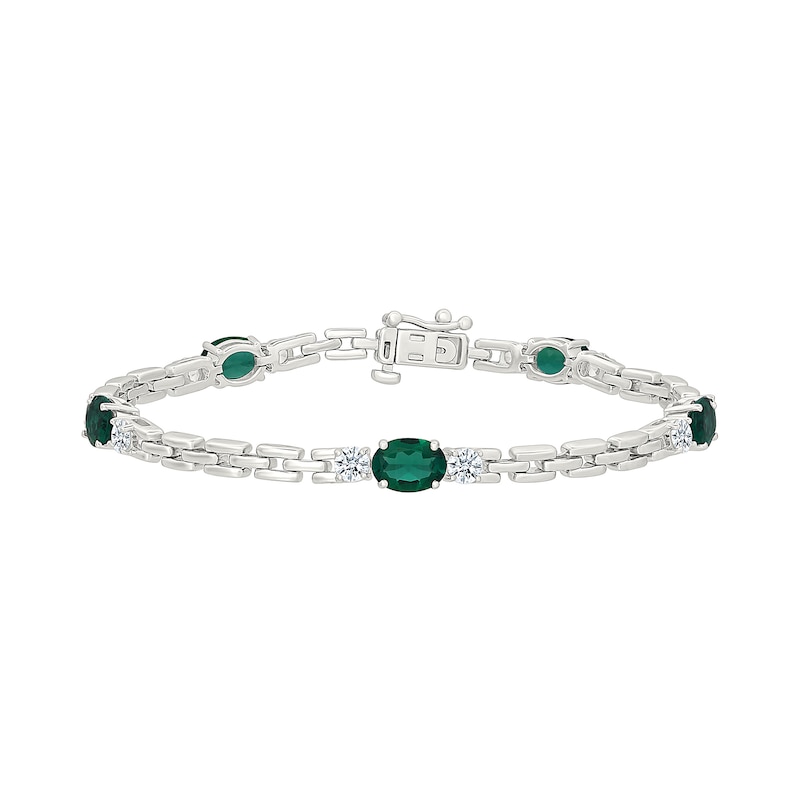 Oval Lab-Created Emerald and White Lab-Created Sapphire Bracelet in Sterling Silver - 7"