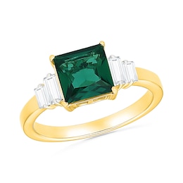 Square-Cut Lab-Created Emerald and Baguette-Cut White Lab-Created Sapphire Ring in Sterling Silver with 24K Gold Plate