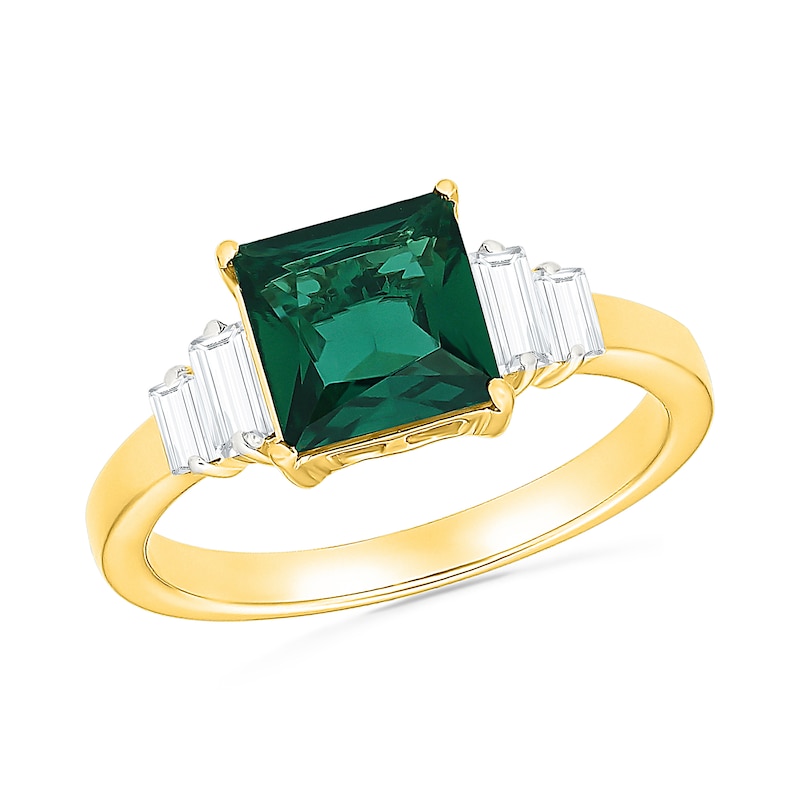 Square-Cut Lab-Created Emerald and Baguette-Cut White Sapphire Ring Sterling Silver with 24K Gold Plate
