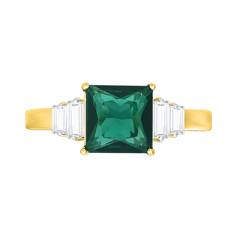 Square-Cut Lab-Created Emerald and Baguette-Cut White Sapphire Ring Sterling Silver with 24K Gold Plate
